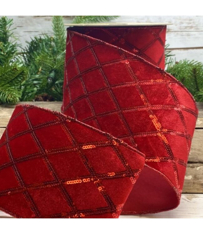 4" x 10yds Velvet Sequin Harlequin, Red
