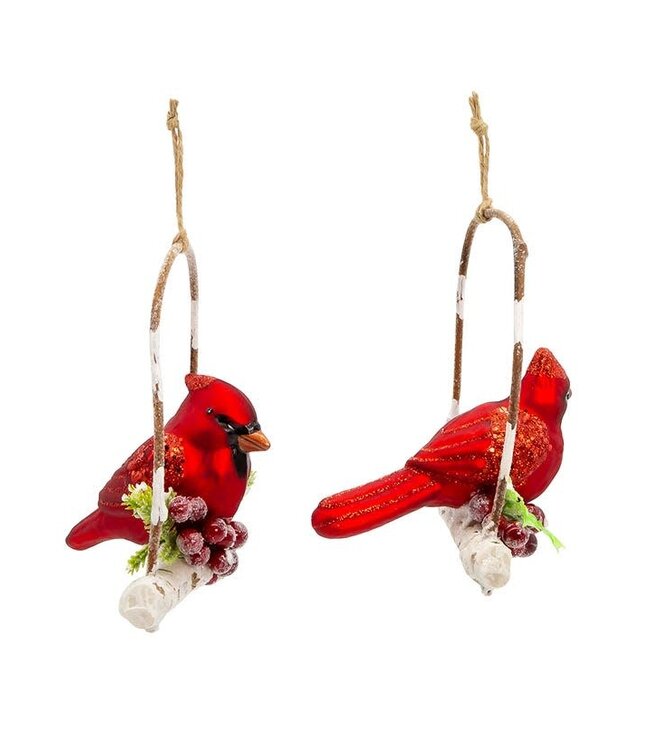 Glass Birch Berries Cardinal On Branch Ornament