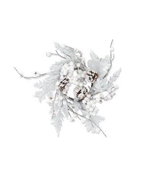 17 Inch Glittered Flocked Pine Candle Ring with White Berries & Pinecone