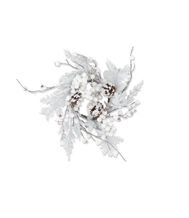 17 Inch Glittered Flocked Pine Candle Ring with White Berries & Pinecone