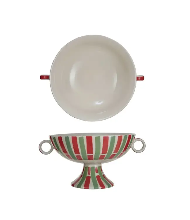 Hand-Painted Stoneware Footed Bowl With Handles & Stripes