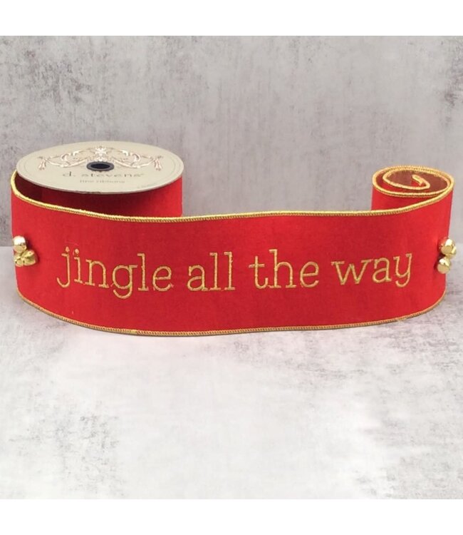 4" x 5yds Felt Embroidery Jingle All the Way With Bells, Gold Red