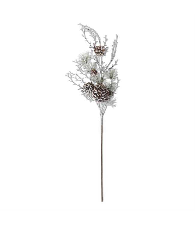 38 Inch Flocked Multi Size Pinecone Stem W/Pine Sprigs