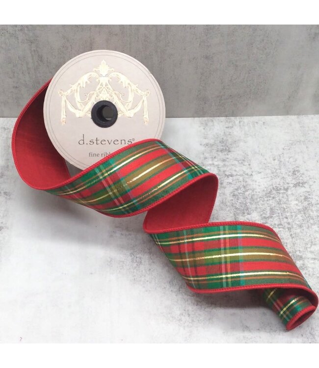 2.5" x 10yds Dupion Juniper Plaid Metallic Gold Thread, Dark Green Moss Green Red