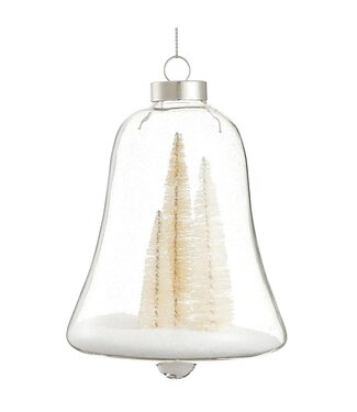 6" Glass Bell Ornament With Snow And Tree Beige White