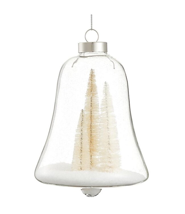 6" Glass Bell Ornament With Snow And Tree Beige White