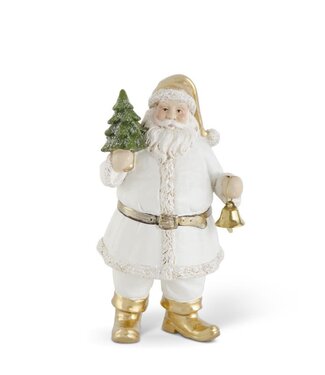7.5 Inch White & Gold Resin Santa With Tree & Bell