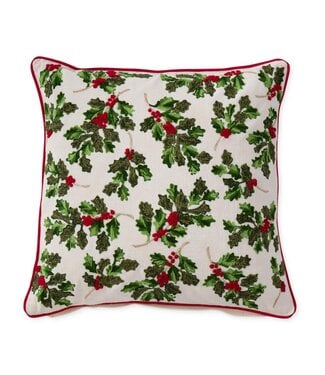 20 Inch Cream Cotton Pillow with Holly Leaves & Berries