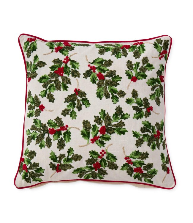 20 Inch Cream Cotton Pillow with Holly Leaves & Berries