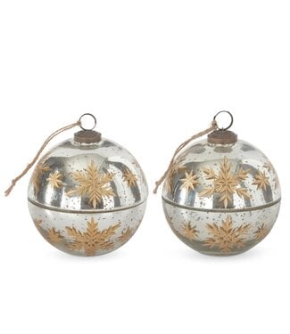 4.5 Inch Silver Etched Gold Snowflake Filled Ornament Candle