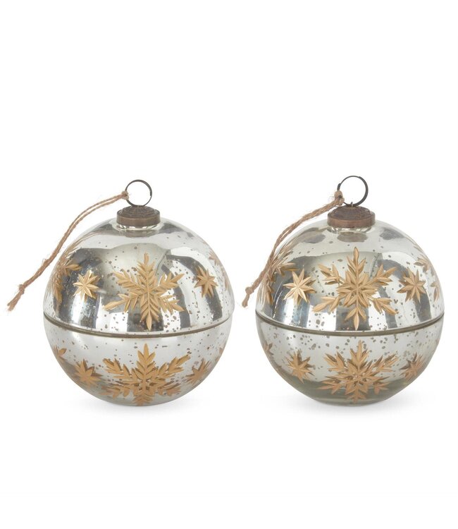 4.5 Inch Silver Etched Gold Snowflake Filled Ornament Candle