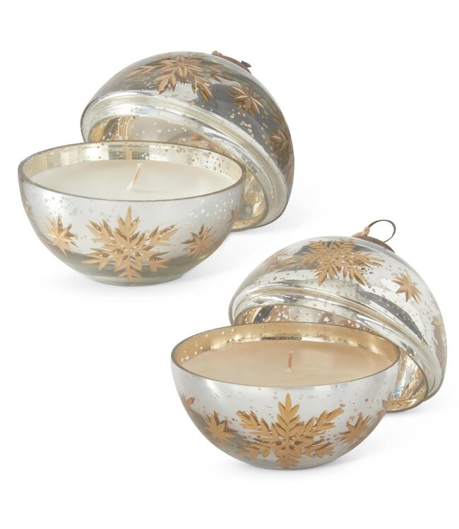 4.5 Inch Silver Etched Gold Snowflake Filled Ornament Candle
