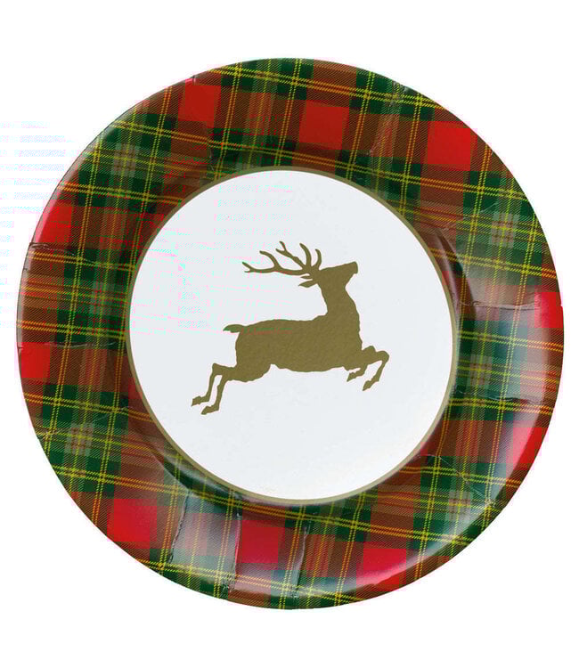 Reindeer Tartan Red Paper Dinner Plates