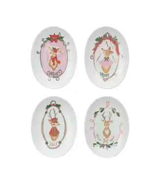Stoneware Dish  With Deer & Holiday Word - Sold Individually