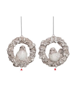 Res Glitter Winter Bird with Wreath Ornament