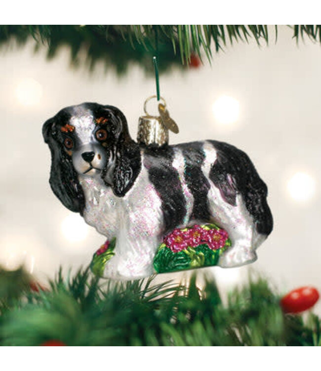 OLD WORLD CHRISTMAS Black/white King Charles Spaniel Ornament