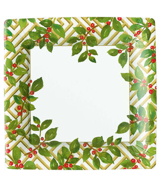 Holly And Fretwork White Square Paper Dinner Plates