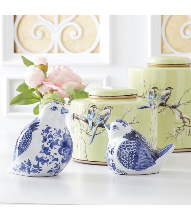 Blue & White Porcelain Floral Pattern Wing Detail Sitting Birds - Sold Individually