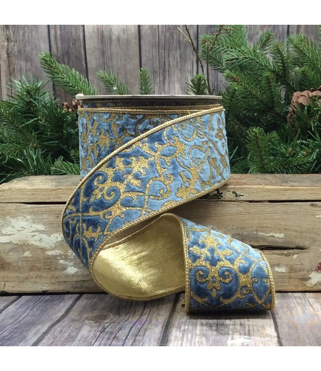 2.5" X 10yds Velvet Glitter Treillage, Dusty Blue