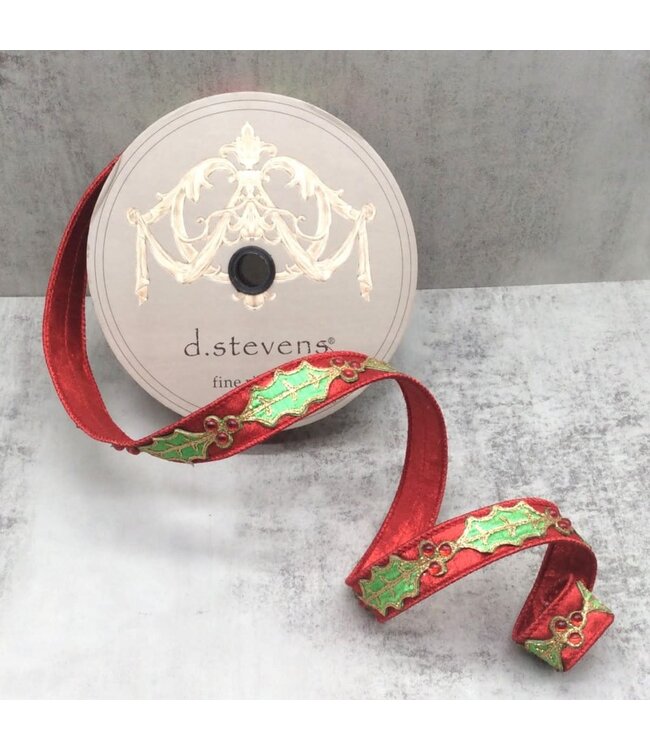 1" X 10yds Metallic Dupion Jewel Holly Trim, Red