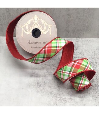 1.5" X 10yds Dupion Diagonal Jackson Plaid Red Back, Red Apple Green White