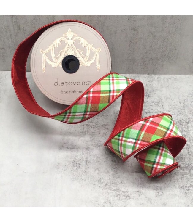 1.5" X 10yds Dupion Diagonal Jackson Plaid Red Back, Red Apple Green White