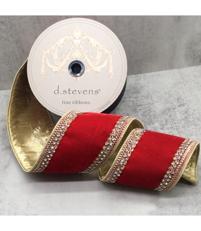 4" x 5yds Velvet Gold Jewel Side Trim, Red