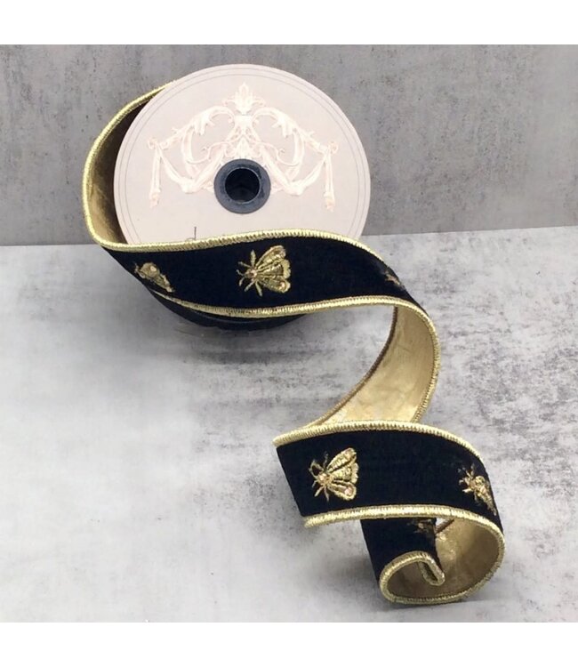 1.5" x 5yds Velvet Gold Embroidery Bee, Black