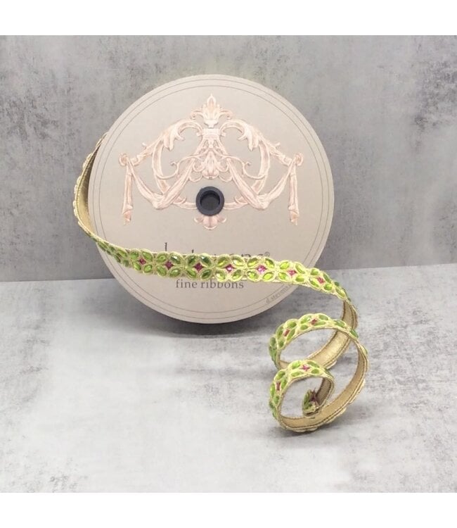 1" x 10yds Metallic Dupion Lime Jewel Trim Pink Glitter, Gold