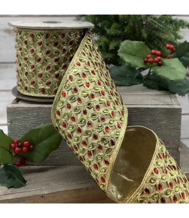 4" x 5yds Faux Metallic Dupion Filigree Jeweled Trim, Green-Red