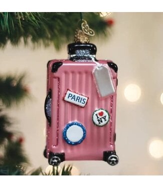 OLD WORLD CHRISTMAS Pink Rolling Suitcase Ornament