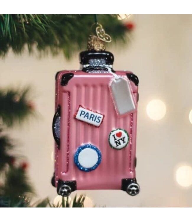OLD WORLD CHRISTMAS Pink Rolling Suitcase Ornament