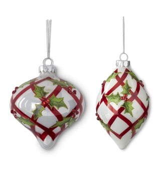 White w/Red Criss Cross & Holly Glass Ornaments