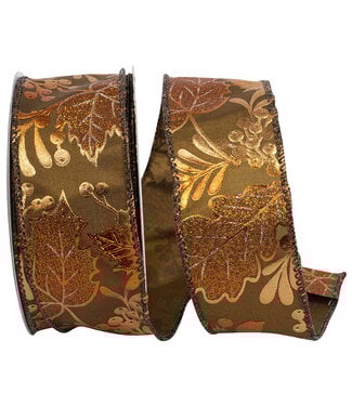 Leaves and Acorns Metalic Wired Edge Ribbon