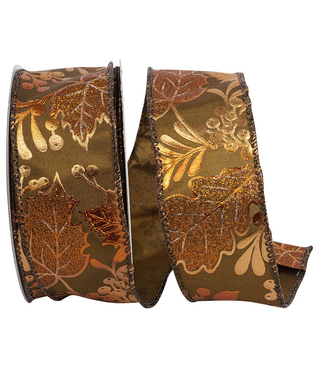Leaves and Acorns Metalic Wired Edge Ribbon