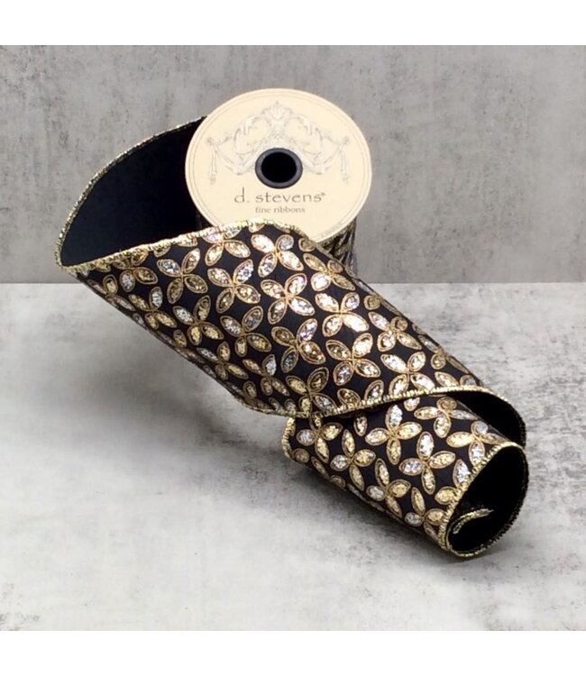 4" x 10yds Taffeta Floral Glitter, Black Gold