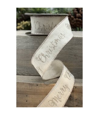 1.5" x 10yds Cotton Linen Platinum Merry Christmas Ribbon - Natural Ivory
