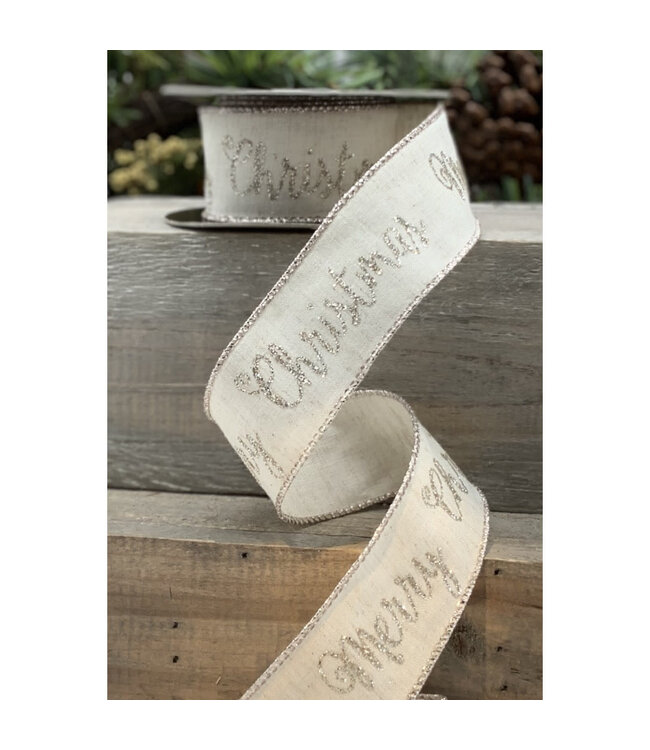 1.5" x 10yds Cotton Linen Platinum Merry Christmas Ribbon - Natural Ivory