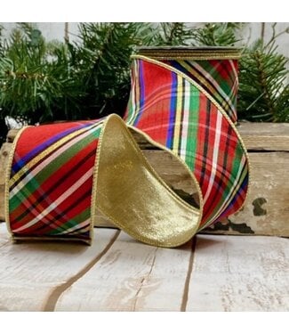 2.5" x 10yds Faux Dupion Diagonal Nutcracker Plaid, Blue-Gold-Red