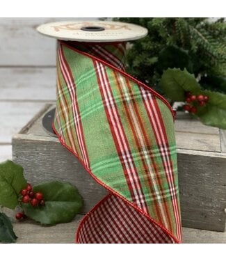 4" x 10yds Faux Dupion North Pole Diagonal Plaid Red Check Back, Green-Pink