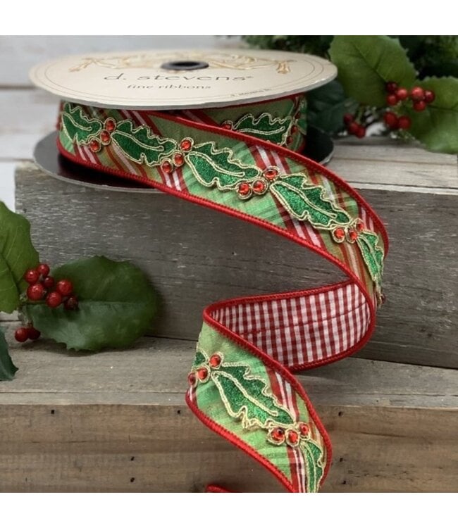 1.5" x 10yds Faux Dupion North Pole Diagonal Plaid Red Check Back Holly Side Trim, Green-Pink