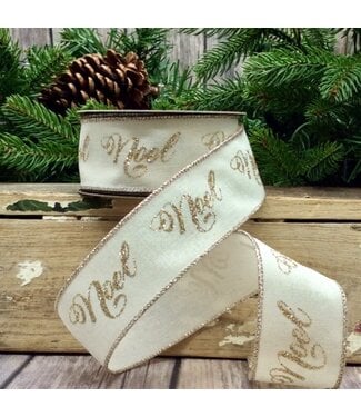 1.5" x 10yds Cotton Linen Platinum Glitter Noel, Ivory