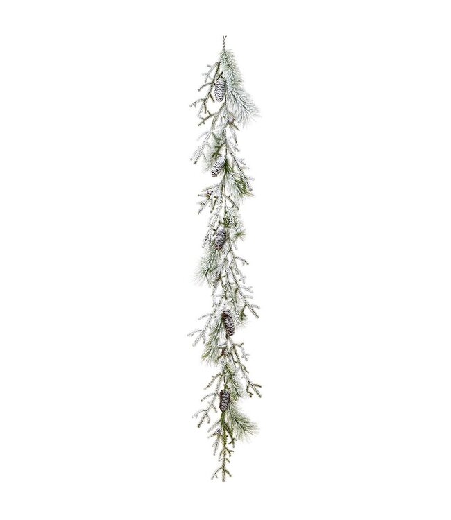 6' Snowed Pine Garland With Pine Cone White Green