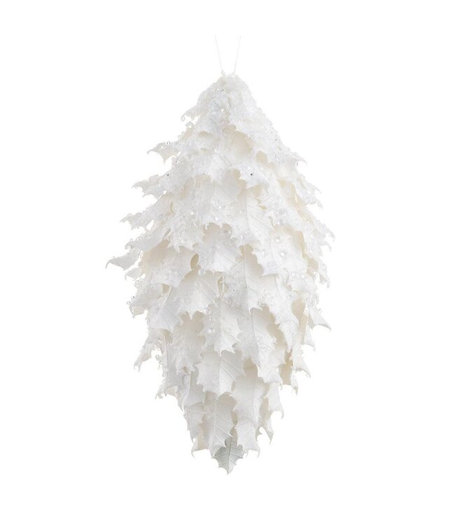 11" Iced Holly Leaf Finial Ornament White