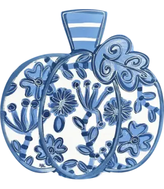 Door Hanger - Wood White Pumpkin With Blue Designs