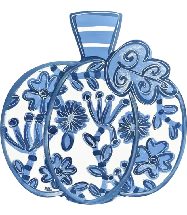 Door Hanger - Wood White Pumpkin With Blue Designs