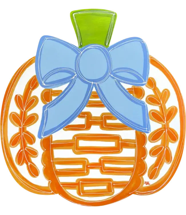 Door Hanger - Pumpkin With Light Blue Bow and Design In The Middle