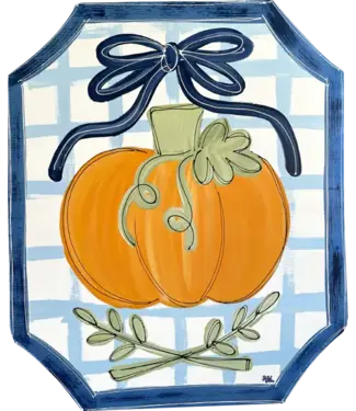 Door Hanger Wood Pumpkin with A Blue Bow And Light Blue Stripes