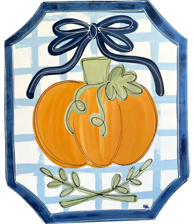 Door Hanger Wood Pumpkin with A Blue Bow And Light Blue Stripes