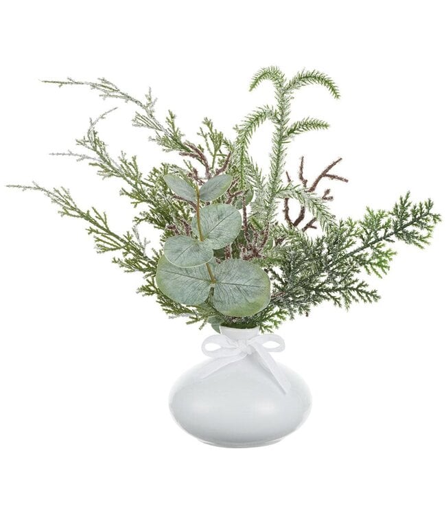 12" Iced Pine/Eucalyptus in Ceramic Vase Green